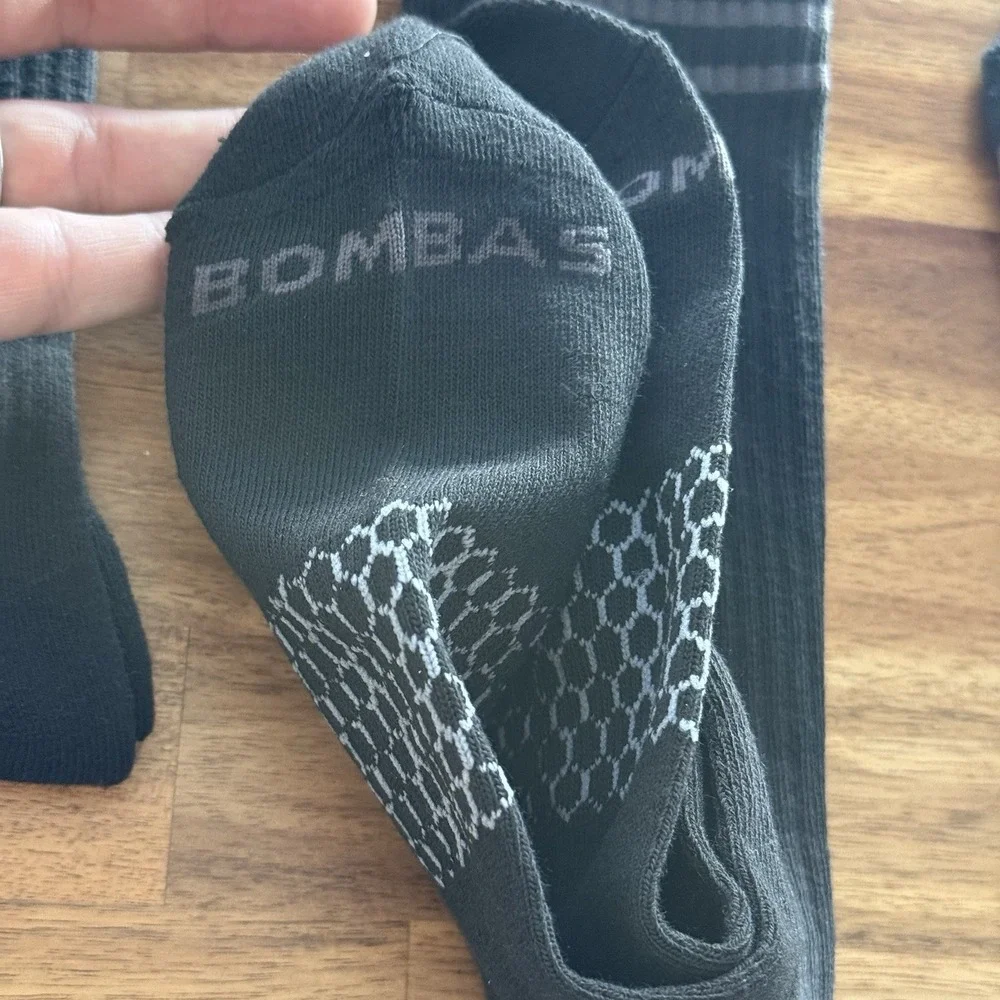 LOT OF 3 Bombas Men's Crew Socks XL Black/Gray Striped Casual Sporty Running NEW